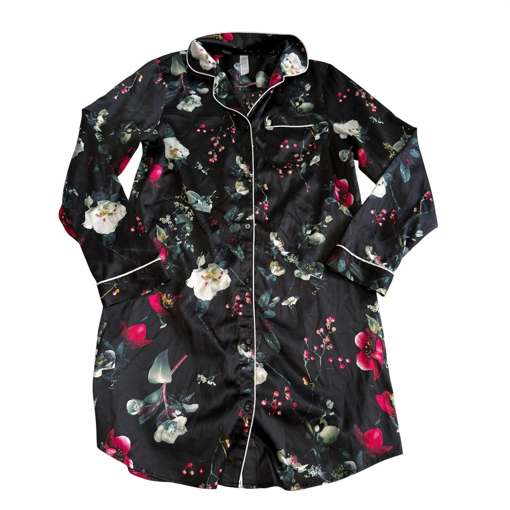 Stars Above XS Black Floral Satin Nightshirt Long Sleeve Button Sleep Dress
